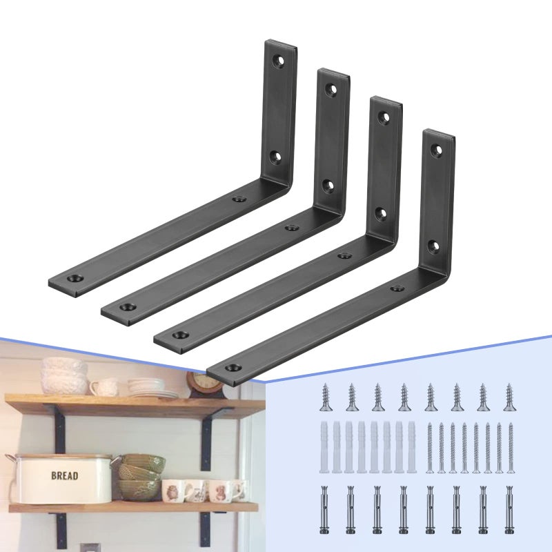 CLT CLETING CLT Black Shelf Bracket, 8    X 4.3    Quarter Inch (1/4"") Thick- Max Load: 440 lb Rustic Industrial Modern Farmhouse Heavy Duty Cold Rolled Steel Bracket for Table Bench, Space Saving DIY, Pack of 4 - Image 1